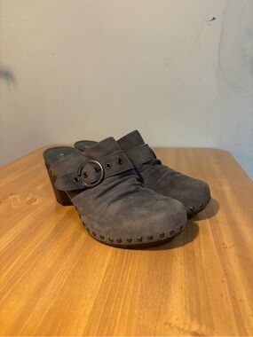 Dansko Gray Suede Studded Clog Mules with Buckle